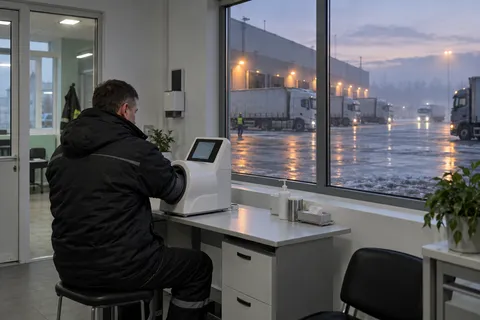 Водитель седельного тягача проходит осмотр на терминале в здании логистического терминала перед выездом