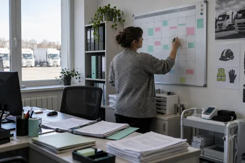 Специалист по охране труда отмечает на настенном календаре сроки очных исследований водителей