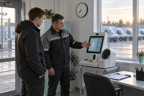 Механик-диспетчер показывает водителю терминал медосмотра у проходной автобазы