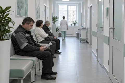 Водитель ждёт очного исследования у двери лаборатории в коридоре поликлиники