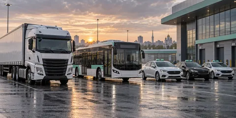 Грузовики, автобусы и такси на рассвете у транспортного узла