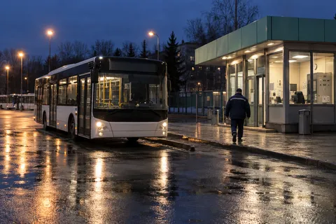 Павильон диспетчерской у конечной остановки автобусного маршрута поздним вечером