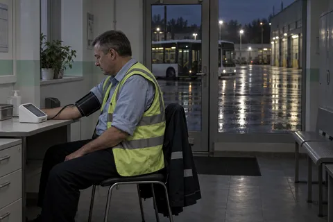 Водитель автобуса после смены проходит осмотр на терминале в помещении автовокзала