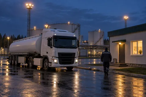 Автоцистерна вечером возвращается на базу, водитель идёт к зданию с освещённым окном