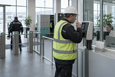 Работник производственной площадки перед сменой проходит осмотр на медицинском терминале