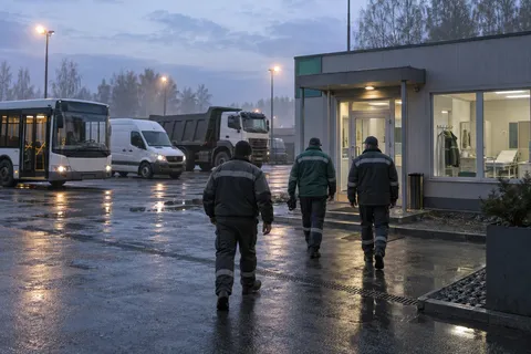 Водители автобуса, фургона и самосвала утром идут через двор автобазы к зданию выпуска
