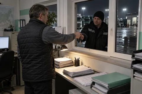 Механик-диспетчер ночью передаёт водителю ключи и путевой лист через окно выдачи