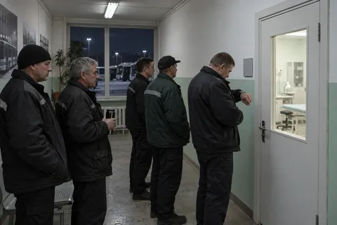 Очередь водителей в коридоре автобазы у двери медкабинета ранним утром