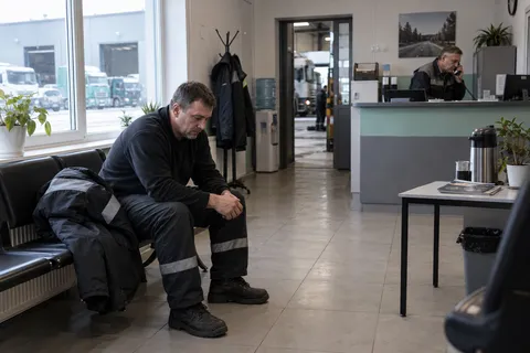 Отстранённый от рейса водитель сидит в комнате ожидания, диспетчер звонит по телефону