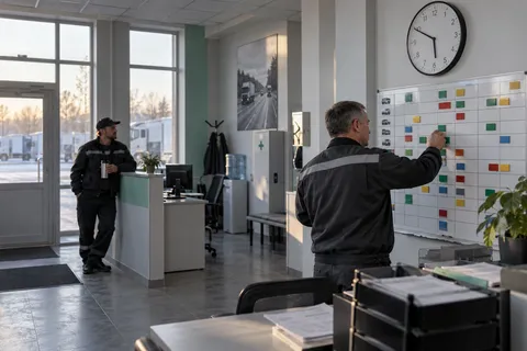 Механик-диспетчер отмечает время в графике смен на доске в комнате выпуска
