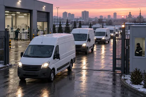 Белые фургоны утром выезжают из ворот автобазы на линию
